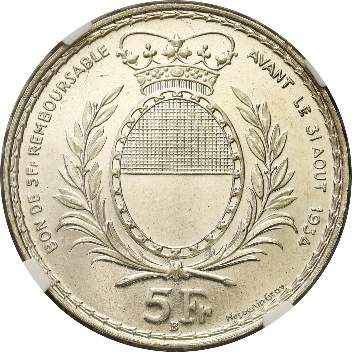 Szwajcaria. 5 franków 1934, Freiburg NGC MS63+ PL